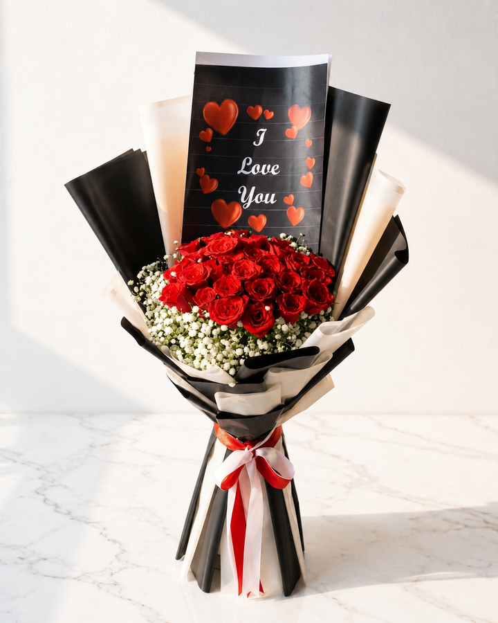 A romantic bouquet of 120 red roses with baby's breath, wrapped in black and cream paper with a red and white ribbon, featuring a black greeting card that reads 'I Love You' with red hearts.