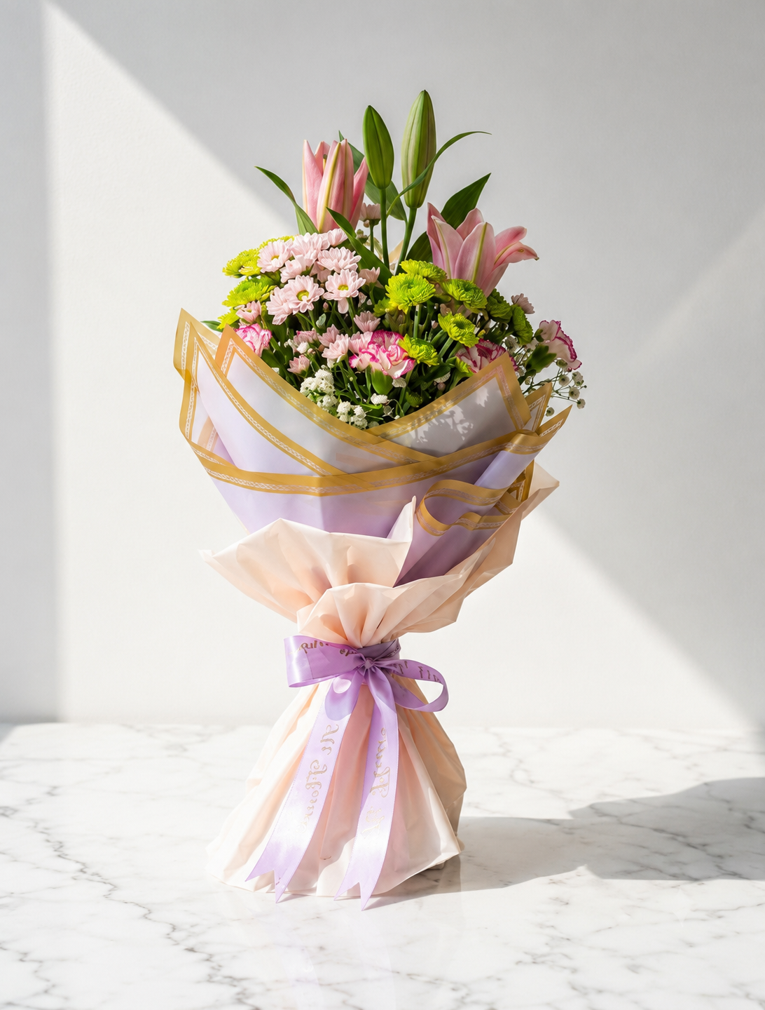 Pink Lily Bouquet with Chrysanthemums