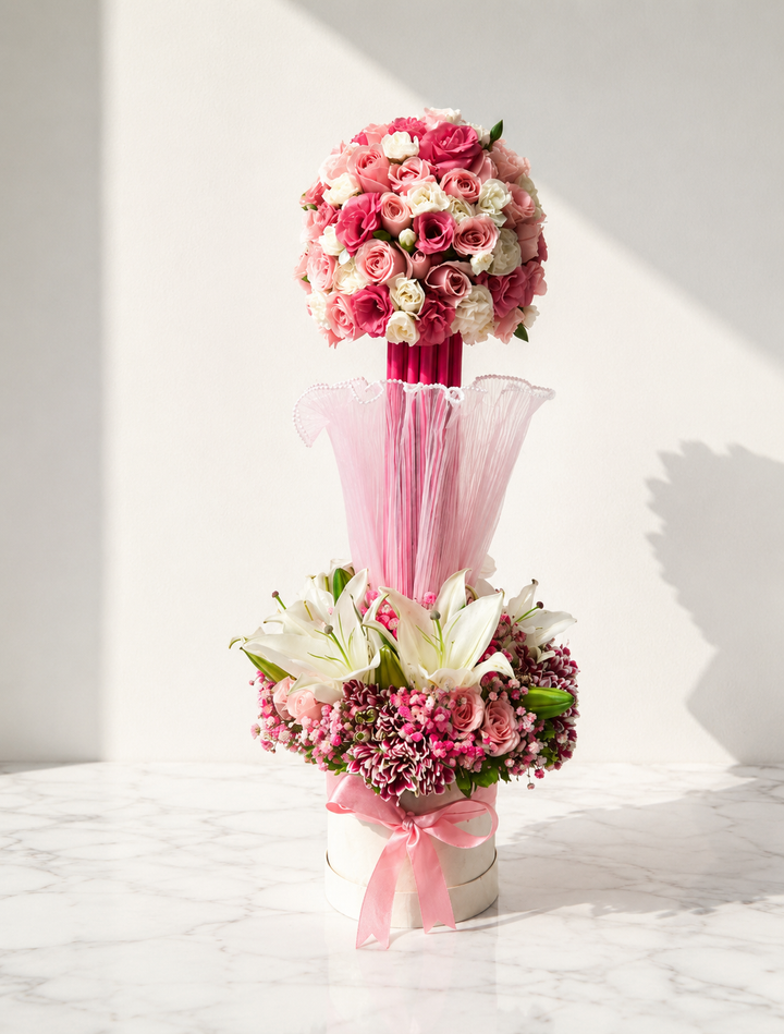 Pink Roses Arrangement with White Lilies