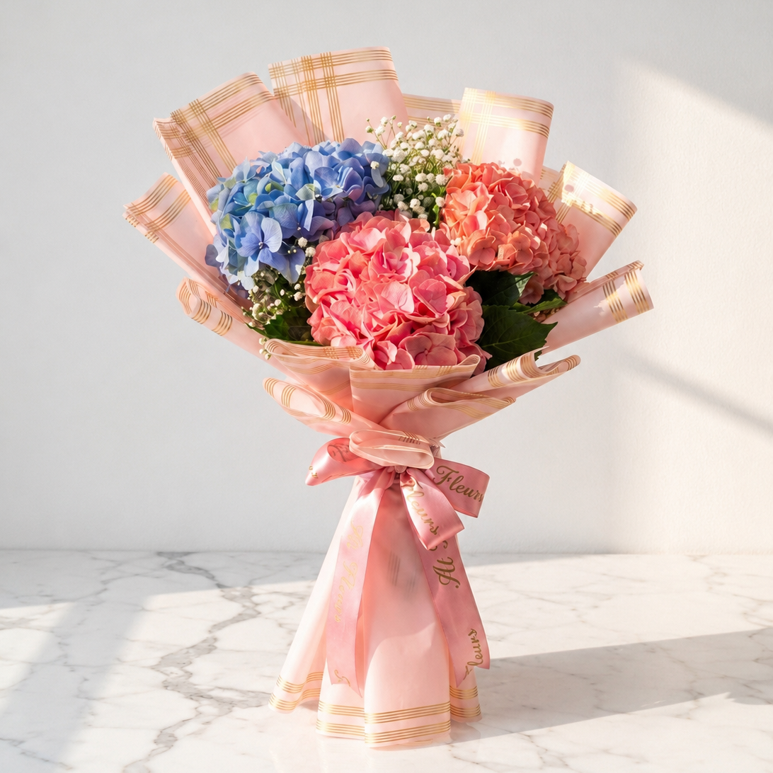 Pink and Blue Hydrangea Bouquet with Baby’s Breath