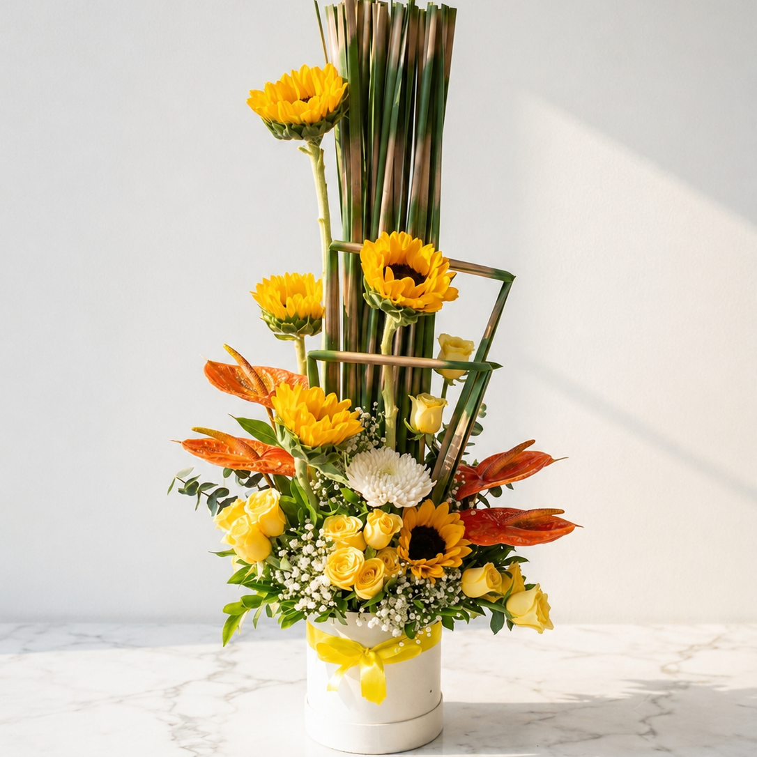 Sunflower Arrangement with Yellow Roses