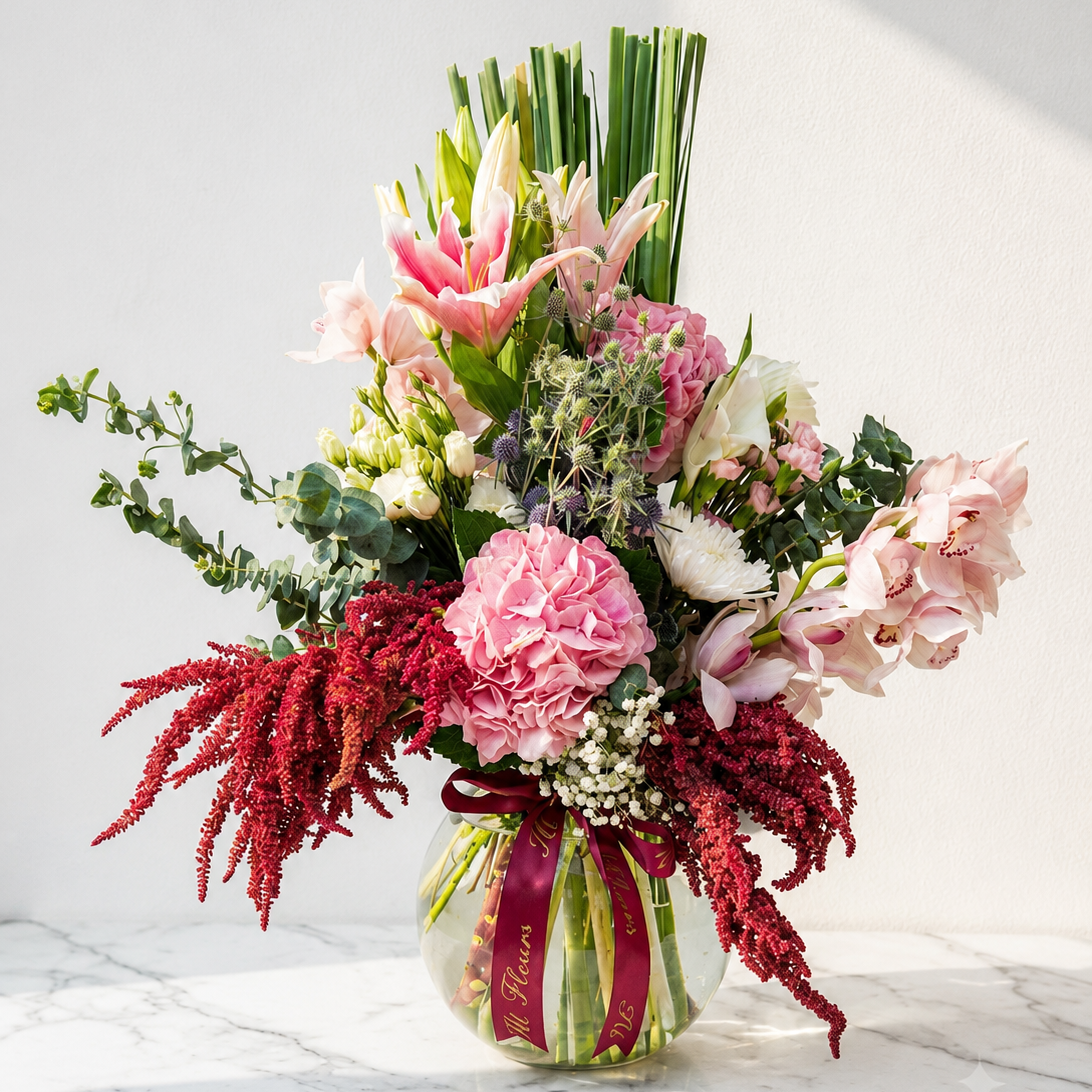 Pink Hydrangea and Cymbidium Orchid Bouquet with Amaranthus