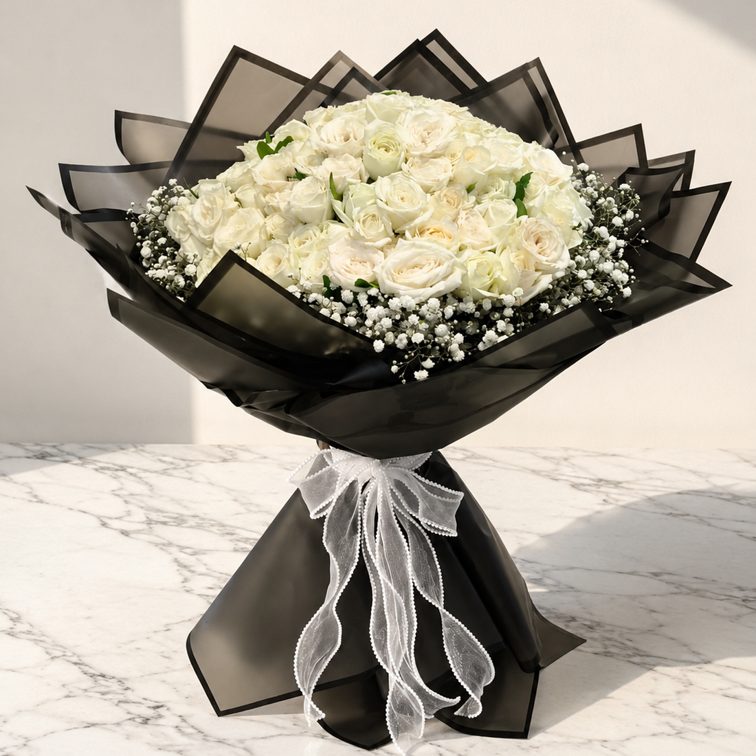 75 White Roses Bouquet with Baby’s Breath