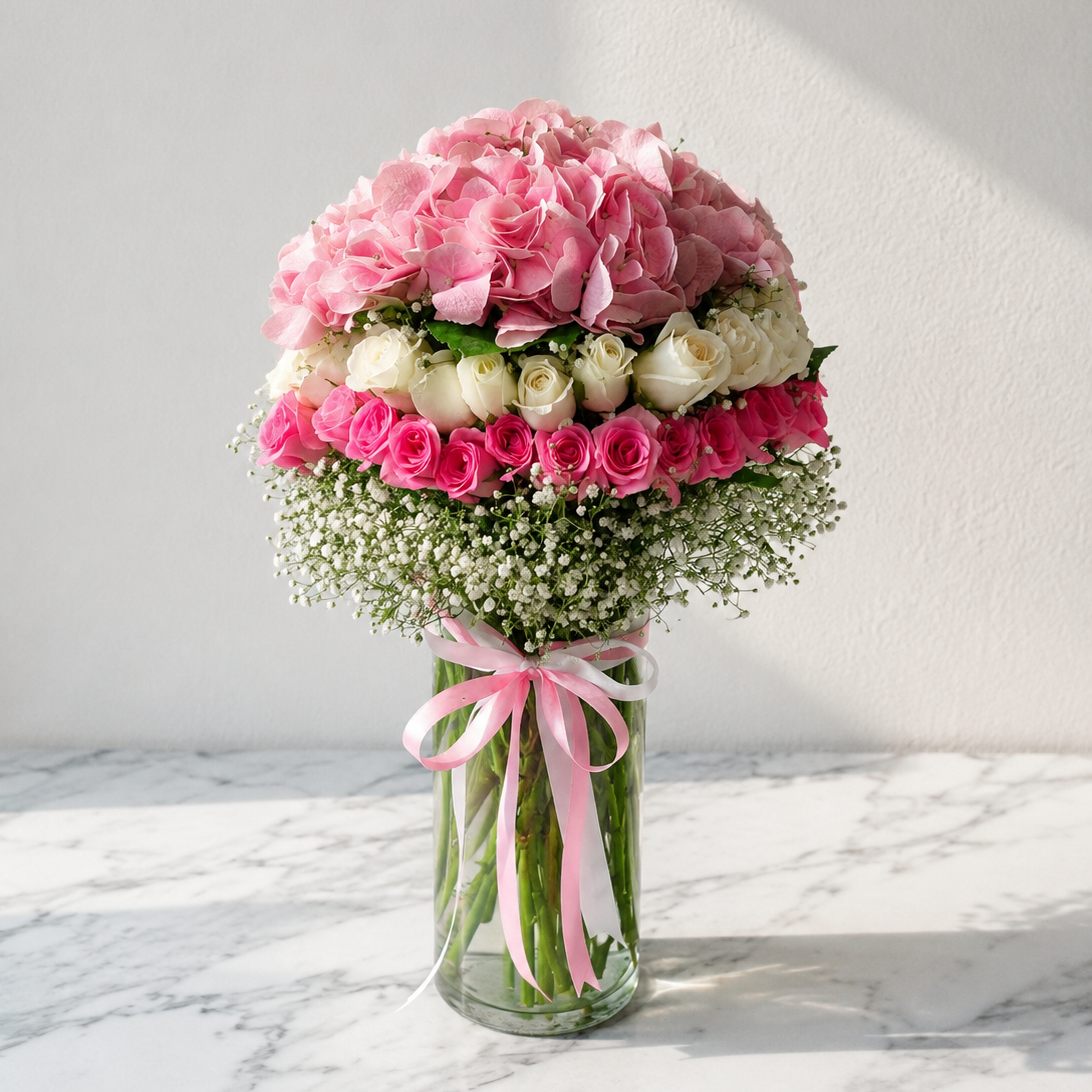 Pink Hydrangea Bouquet with Roses and Baby’s Breath
