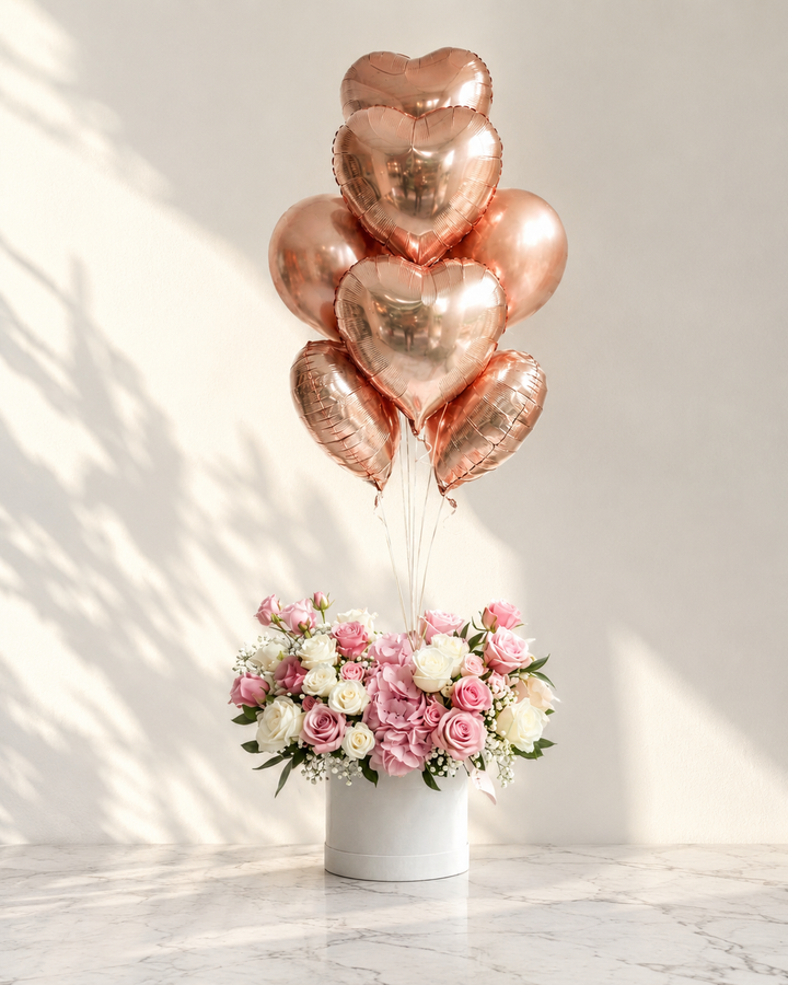 Pink and White Flower Box with Balloons
