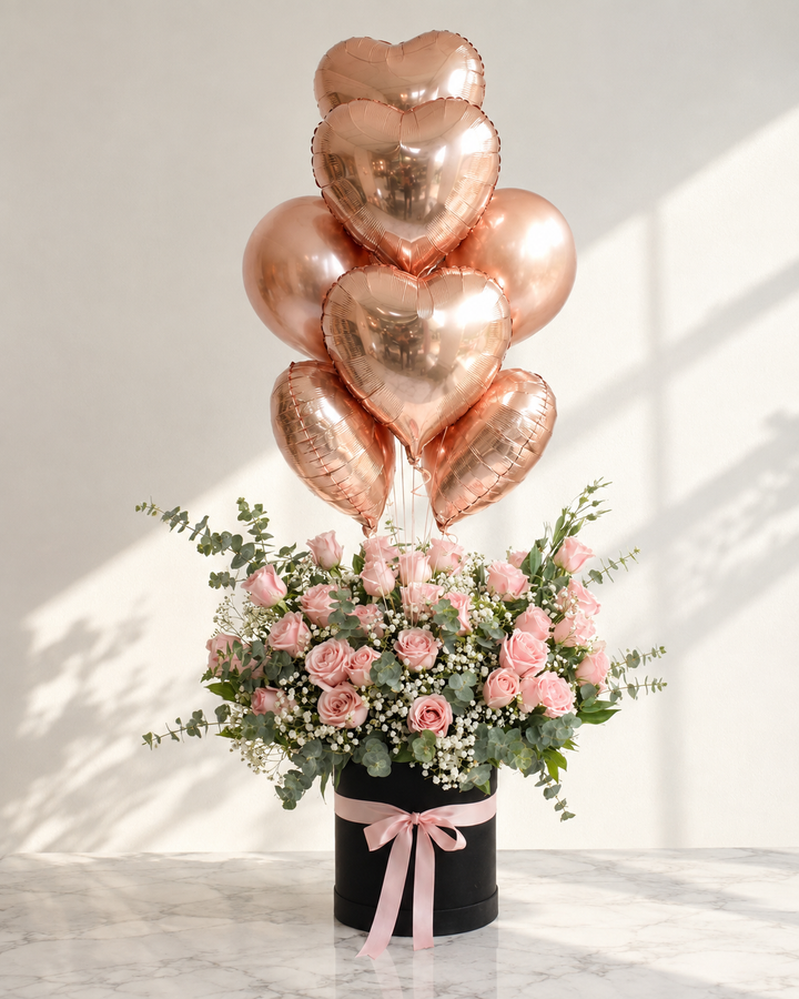 Rose Box Arrangement with Heart Balloons