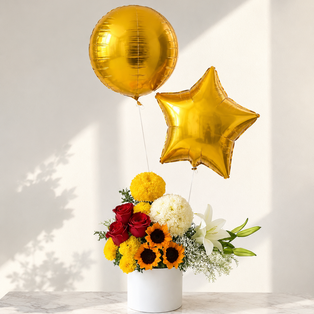 Mixed Flowers with Balloons in a Box