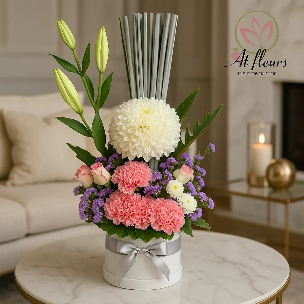 Disbuds, Lily & Carnation Box Floral Arrangement atfleurs