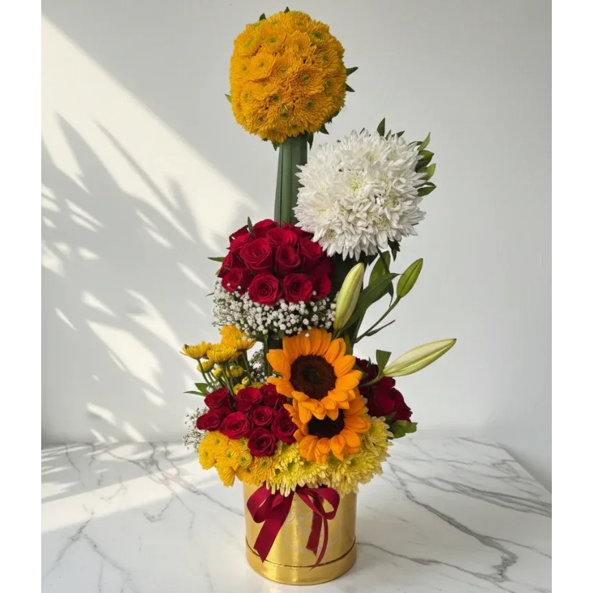 Yellow and Red Mixed Floral Vertical Arrangement - atfleurs