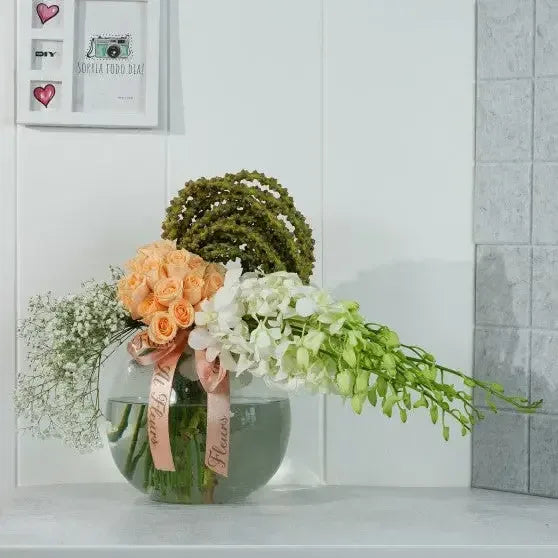 White Orchid & Peach Roses Fish Bowl - atfleurs