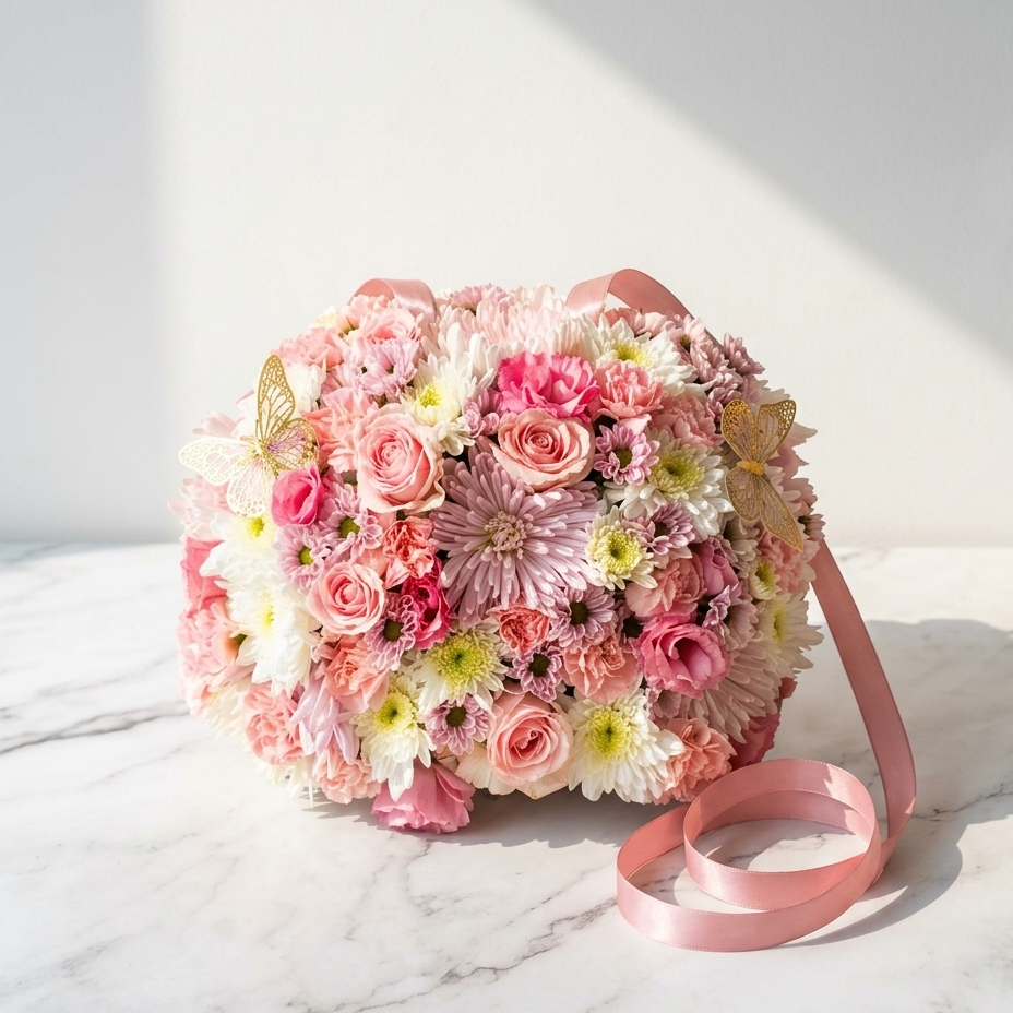 Pink Rose Hand Bag Arrangement with Chrysanthemums