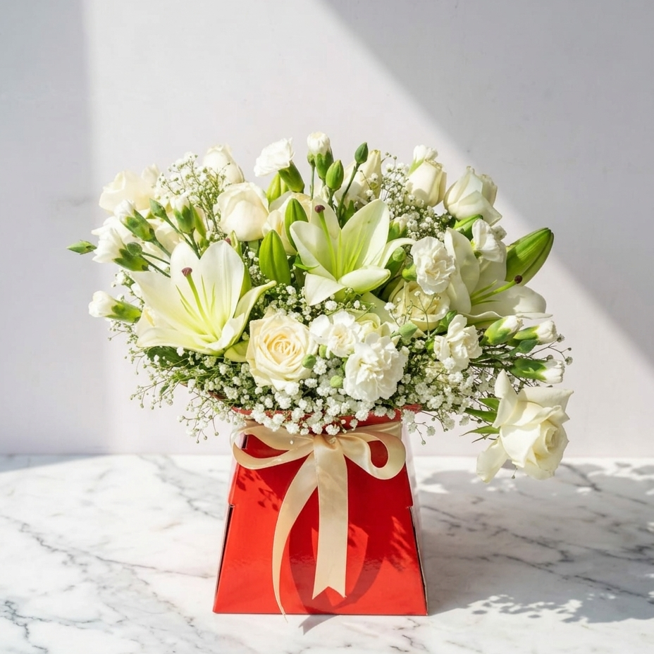 White Roses and Lilies Bouquet in Porto Vase Bag with Baby's Breath