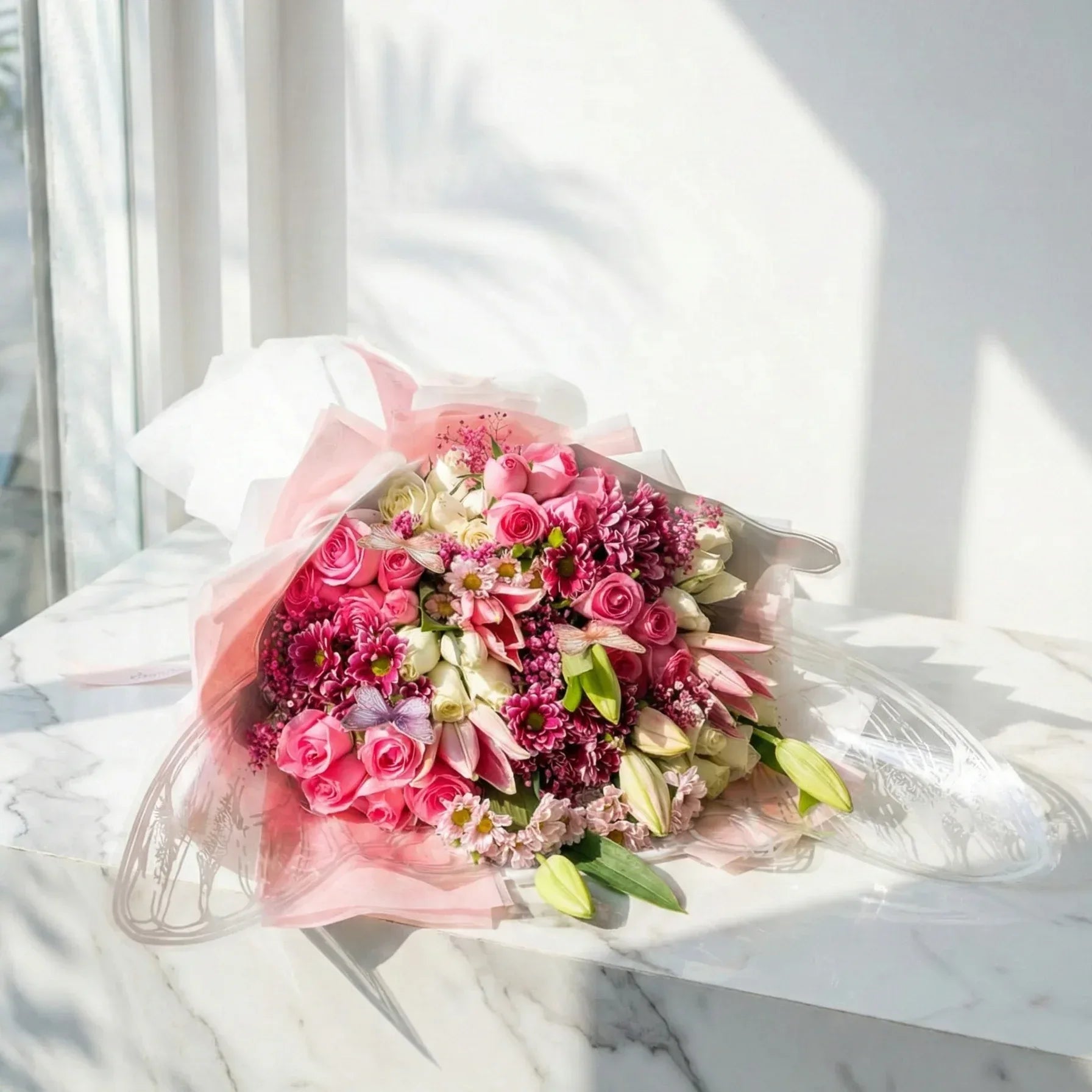 Pink Lily Bouquet with Roses - atfleurs