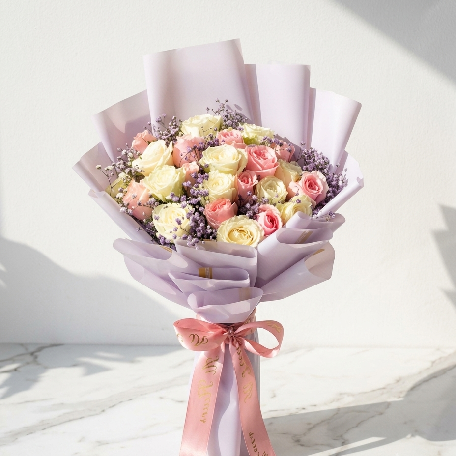 Pink & White Rose Bouquet with Purple Statice