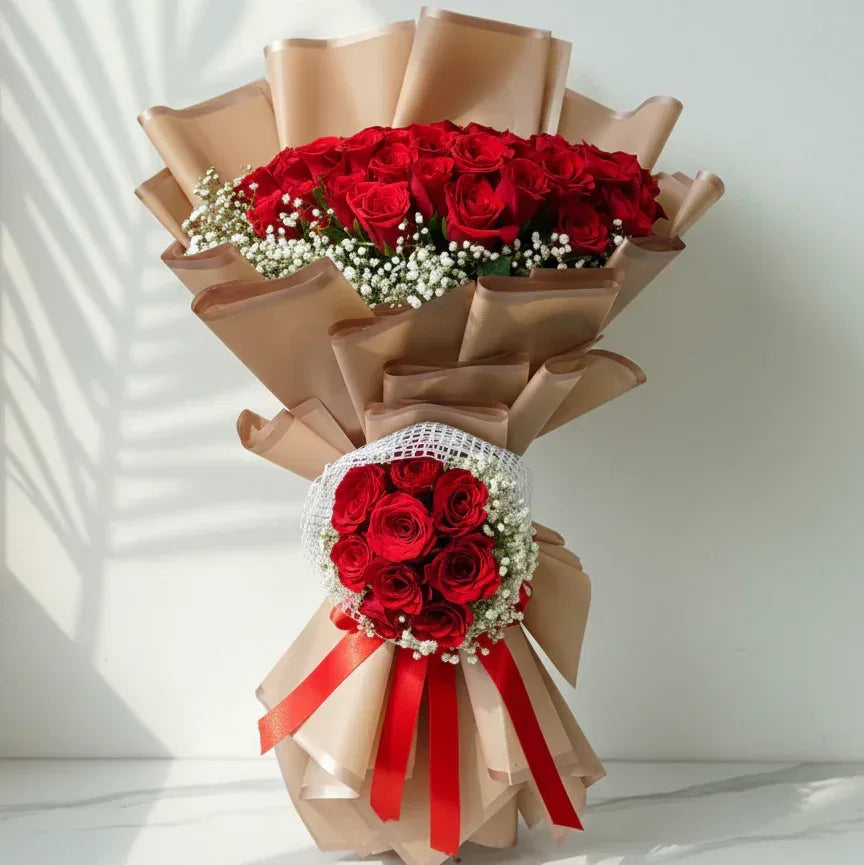 Red Roses Bouquet with Baby’s Breath - atfleurs