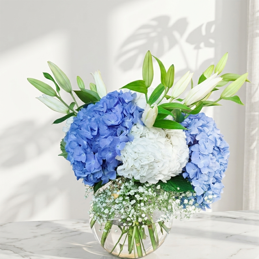 Blue Hydrangea Vase Bouquet with White Lilies