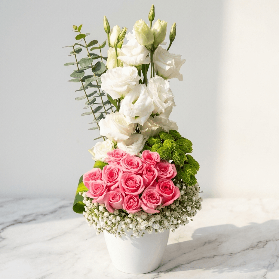 Pink Roses Bouquet with White Lisianthus