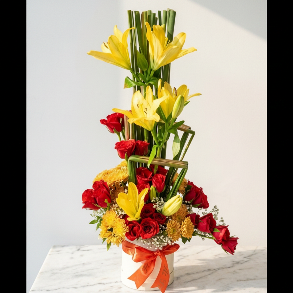Red Roses Bouquet with Yellow Lilies