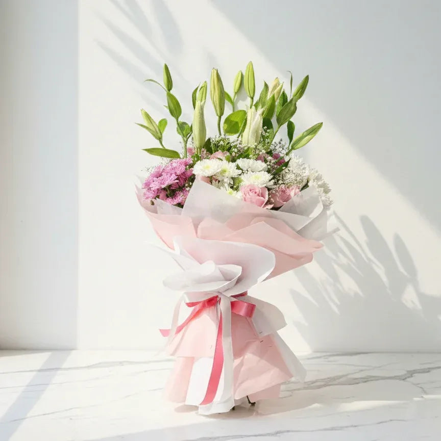 Lilies Roses Chrysanthemum and Gypso Hand Bouquet - atfleurs