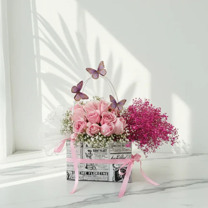 Pink Rose Butterfly Box Arrangement - atfleurs