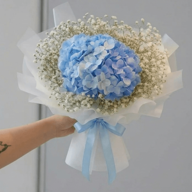 Blue Hydrangea Bouquet with Baby’s Breath