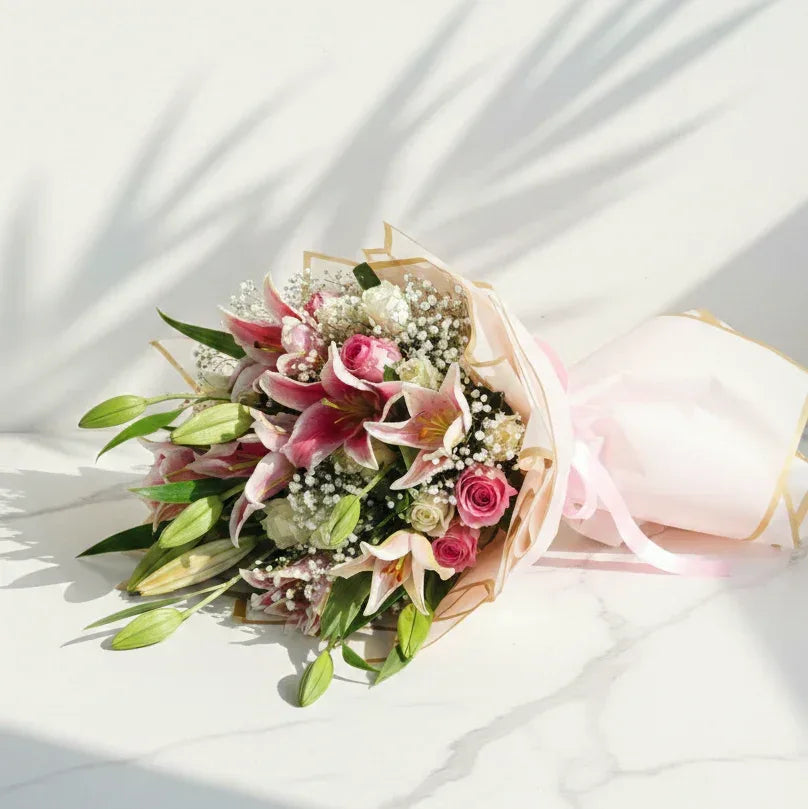 Pink Lily Bouquet with Baby’s Breath - atfleurs