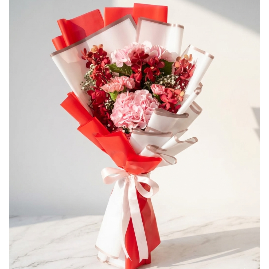 Pink Hydrangea Bouquet with Red Orchid Sprays