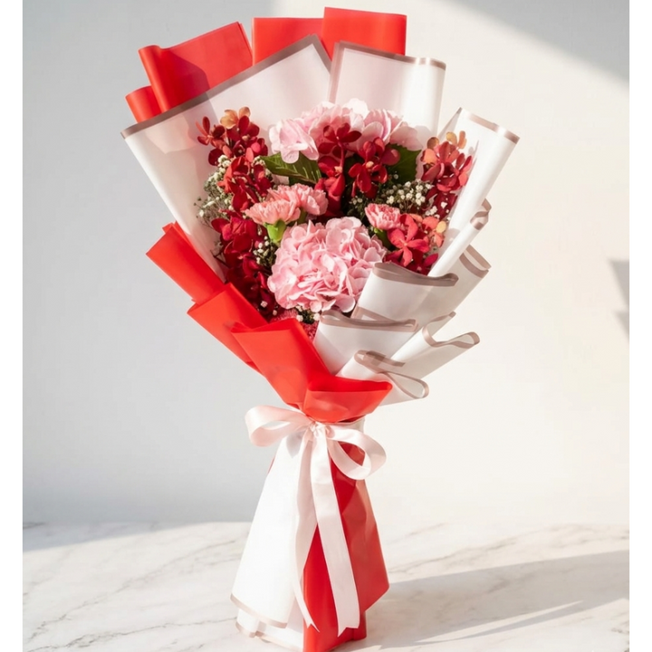 Pink Hydrangea Bouquet with Red Orchid Sprays