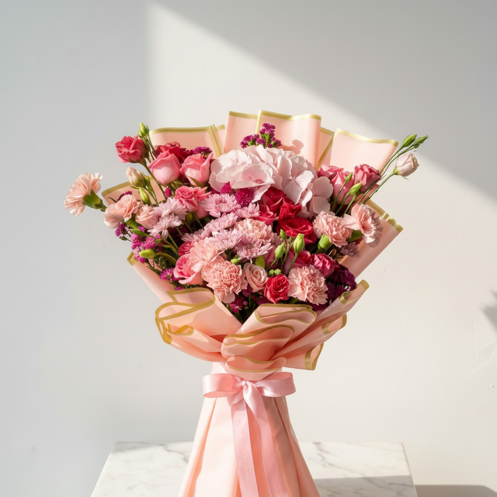 Pink Rose Bouquet with Hydrangea and Carnations