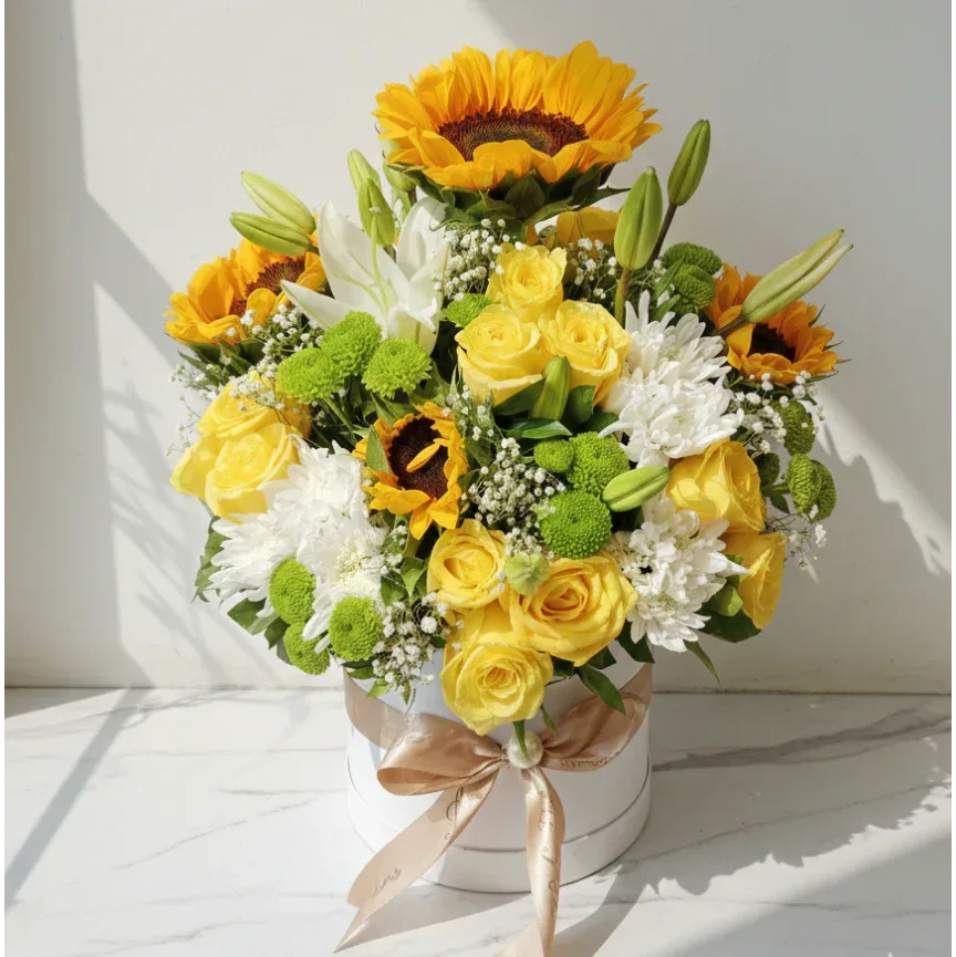 Sunflower and Yellow Roses Bouquet with White Lilies - atfleurs