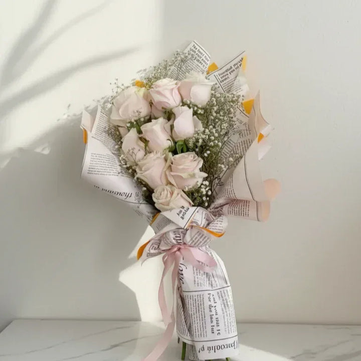 Rustic Blush Rose and Gypsophila Bouquet - atfleurs