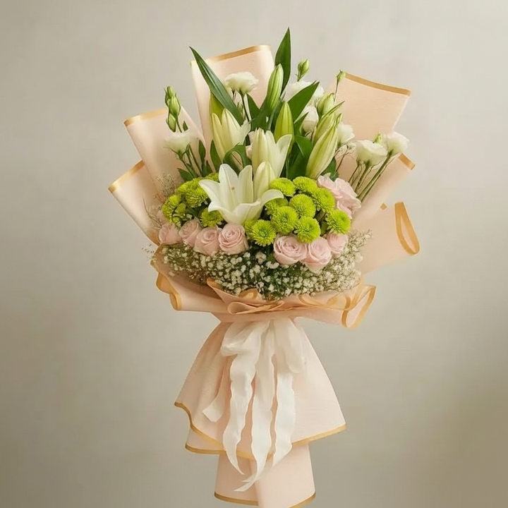 Lily, Rose & Gypso Hand-Tied Bouquet