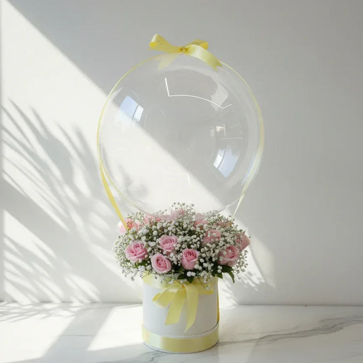 Hot Air Balloon Flower Box with Pink Roses and Baby’s Breath - atfleurs
