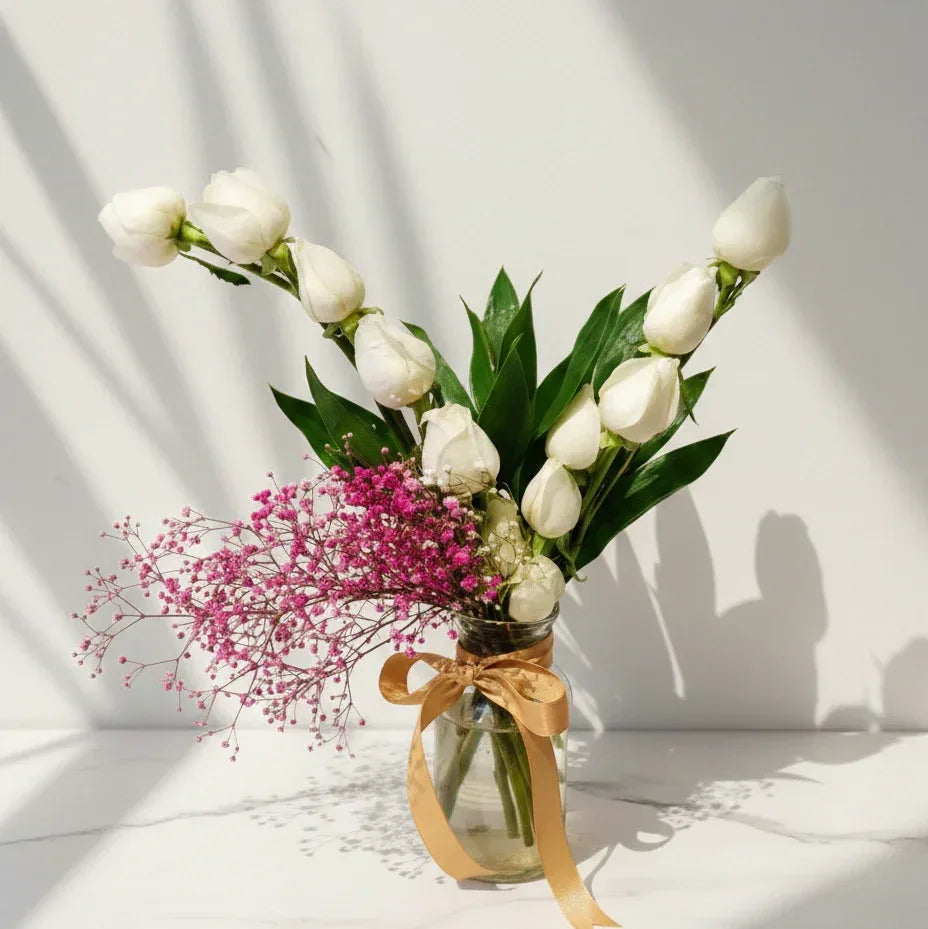 White Rose Bouquet with Pink Gypsophila - atfleurs