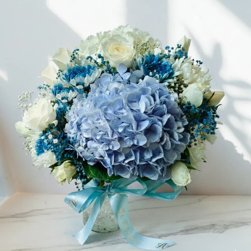 Blue Hydrangea and White Roses Bouquet with Baby’s Breath - atfleurs