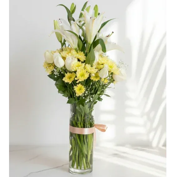 White Lilies Bouquet with Yellow Chrysanthemums - atfleurs