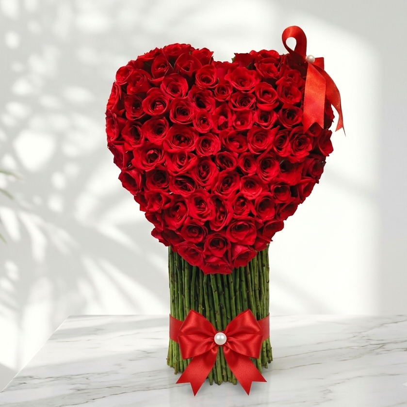 Luxury heart-shaped red rose arrangement standing on green stem base with red bow and pearl accents by At Fleurs Bandra Mumbai