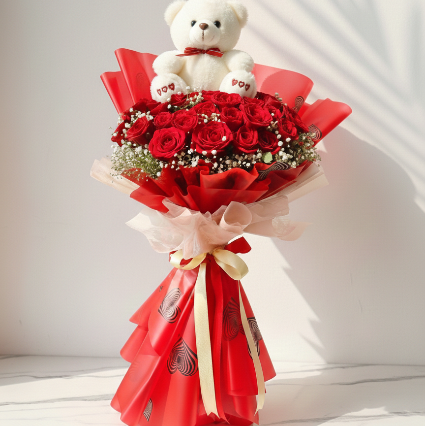 A cute teddy bear Red Roses  Bouquet with Baby’s Breath