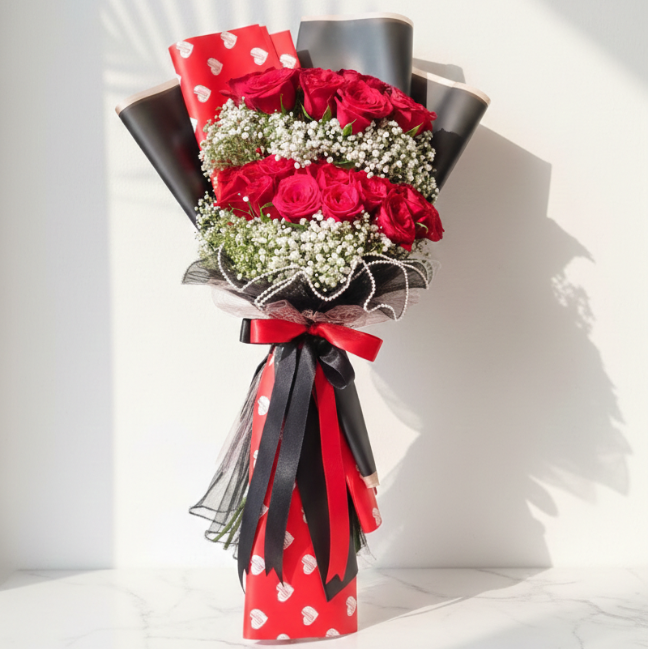 Red Rose Bouquet with Baby’s Breath