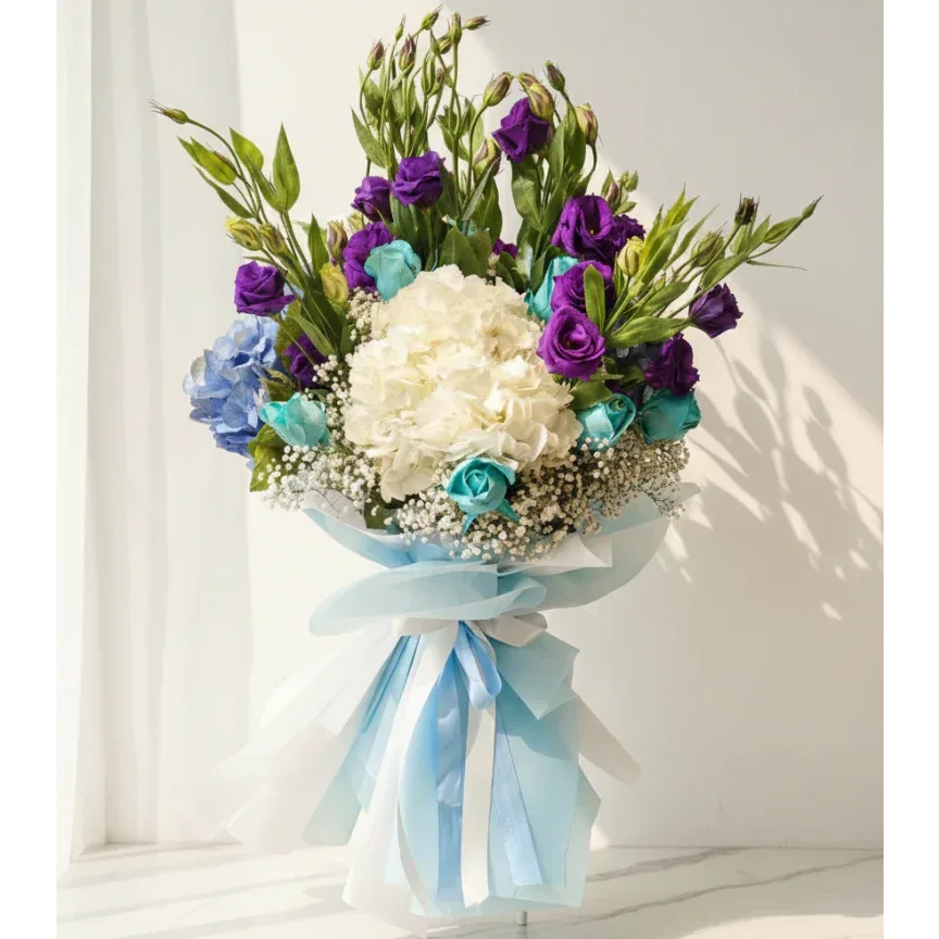 White Hydrangea Bouquet with Purple Lisianthus - atfleurs
