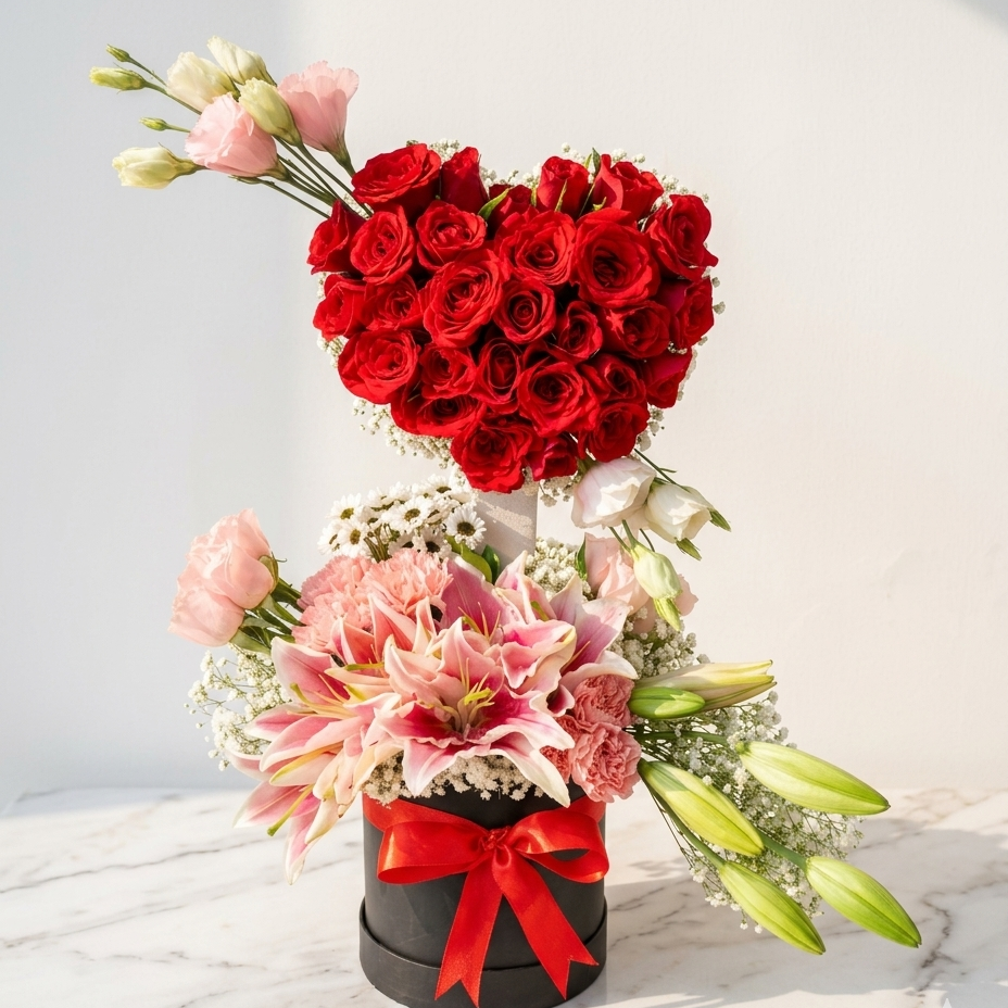 Red Roses Bouquet with Pink Lilies