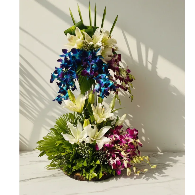 White Lilies and Orchids Bouquet with Palm Leaves - atfleurs