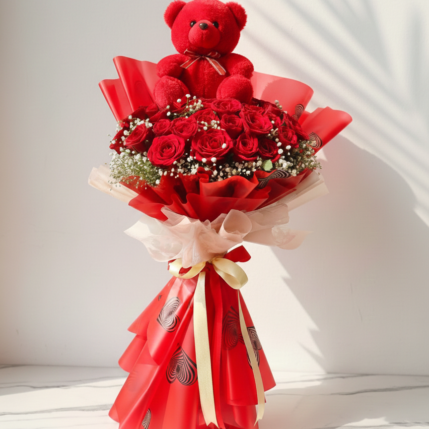 A cute teddy bear Red Roses  Bouquet with Baby’s Breath