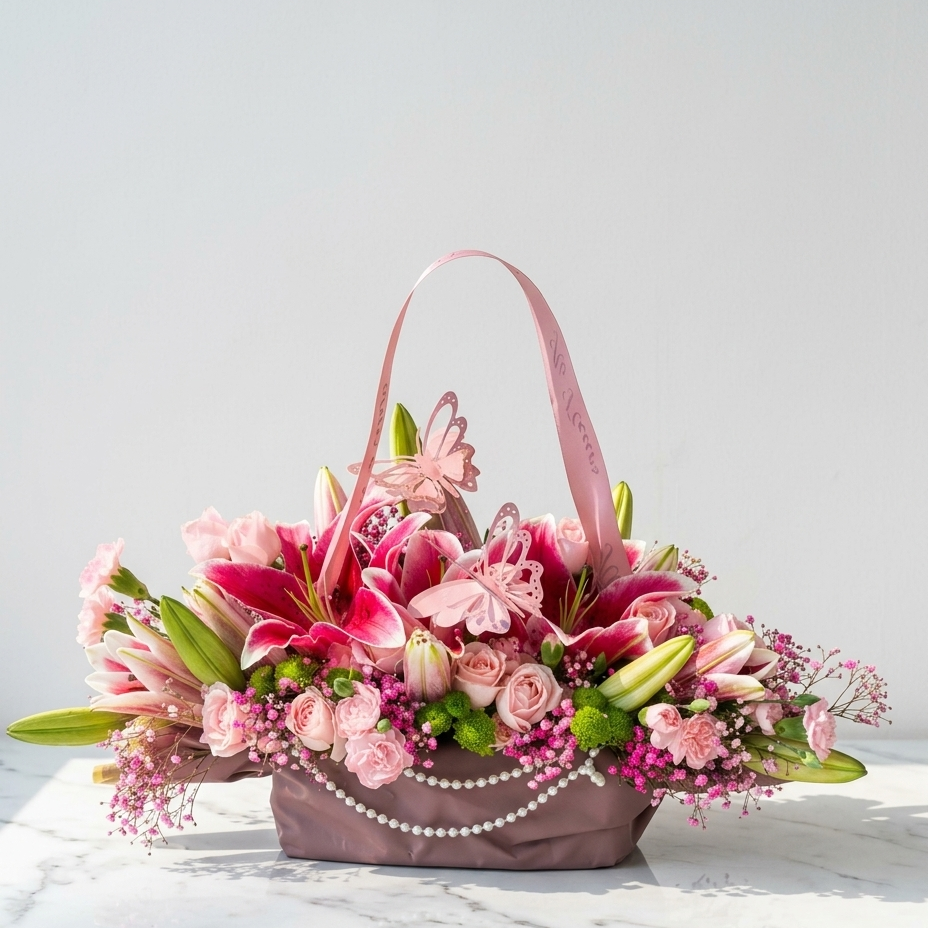 Pink Lily Bouquet with Roses & Baby’s Breath