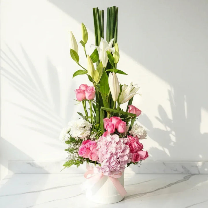 Pink Roses Lilies Hydrangea Box Arrangement - atfleurs