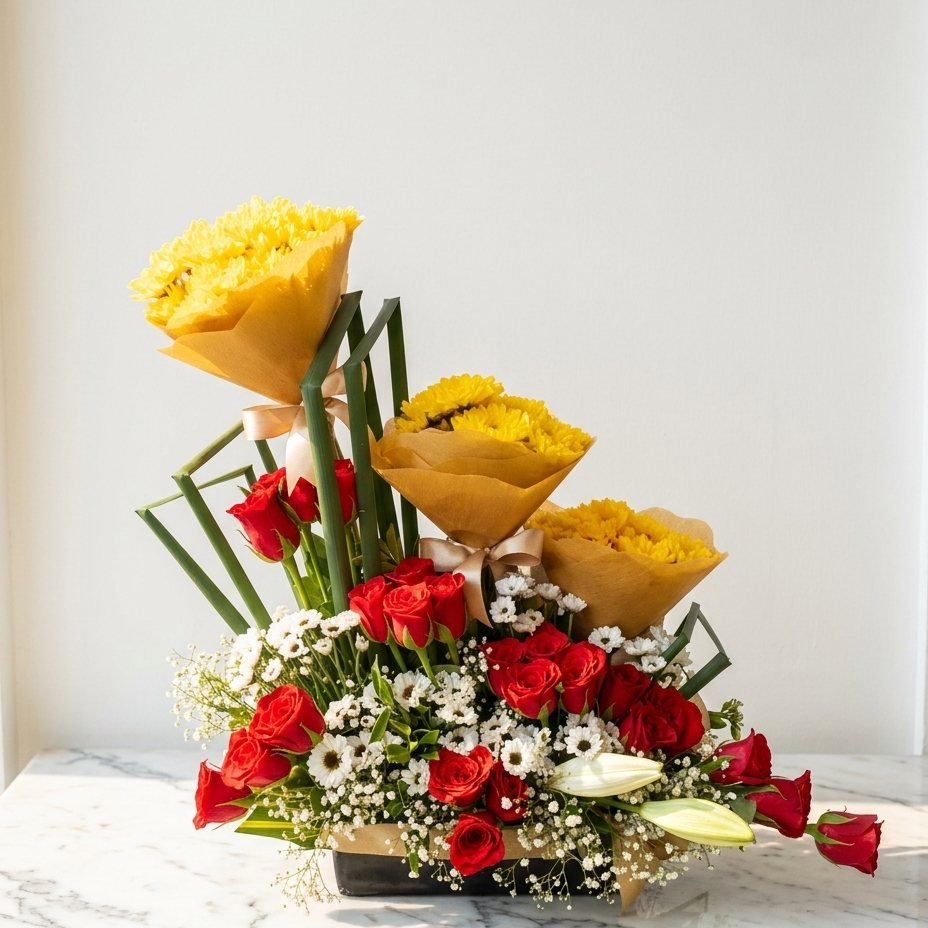 Red Rose & Yellow Chrysanthemum Bouquet with Baby’s Breath