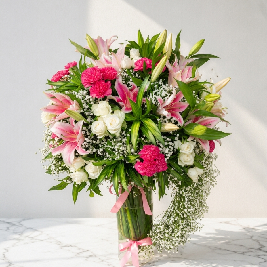 Pink and White Tall Vase Arrangement