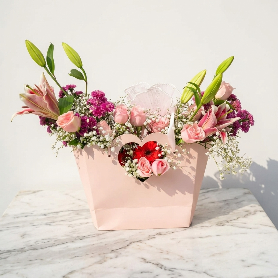 Pink Roses and Lilies Hand Bag Bouquet