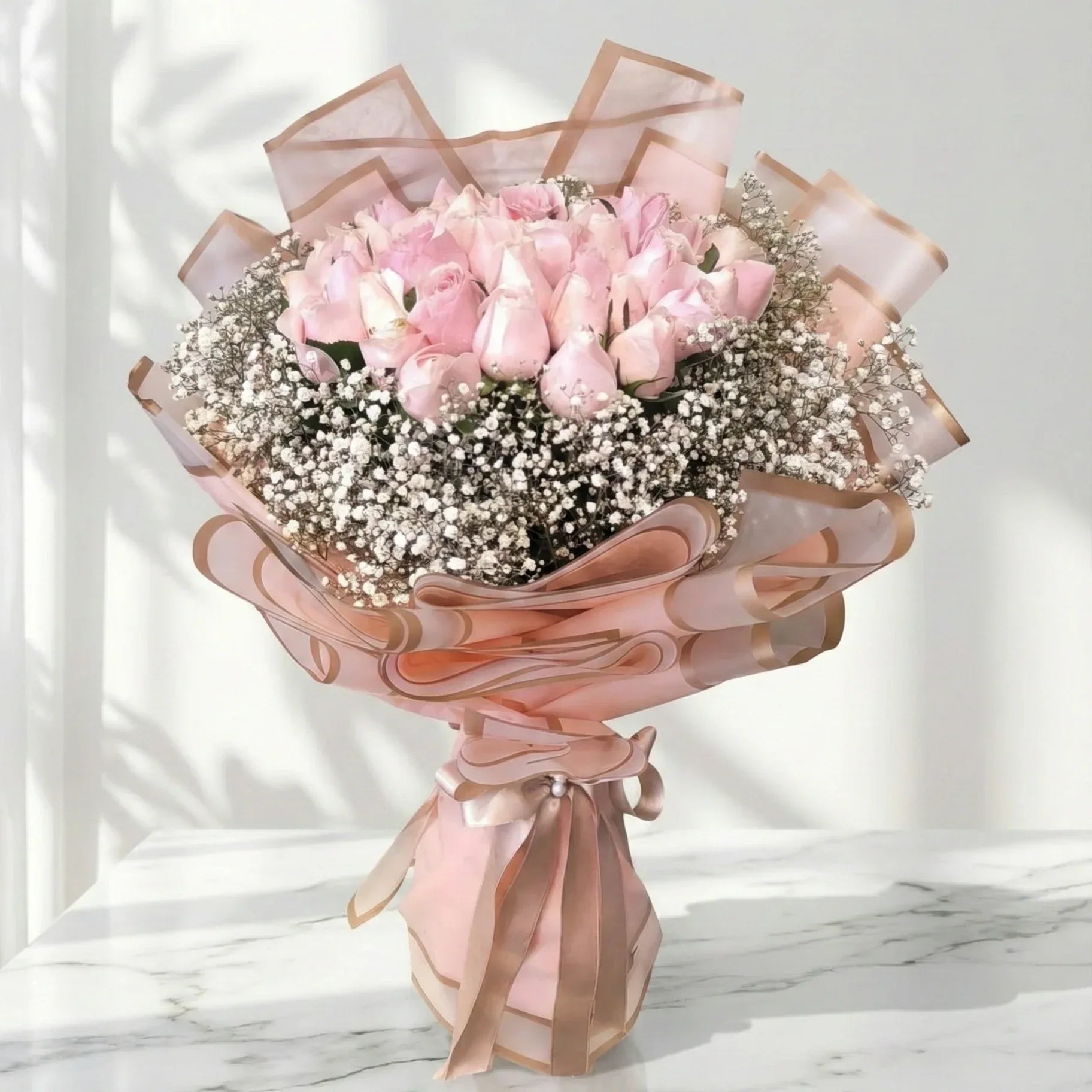 50 Pink Roses Bouquet with Baby’s Breath - atfleurs