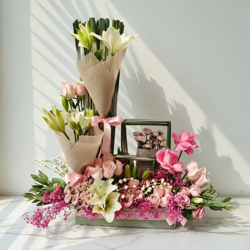 Pink Roses Bouquet with White Lilies - atfleurs